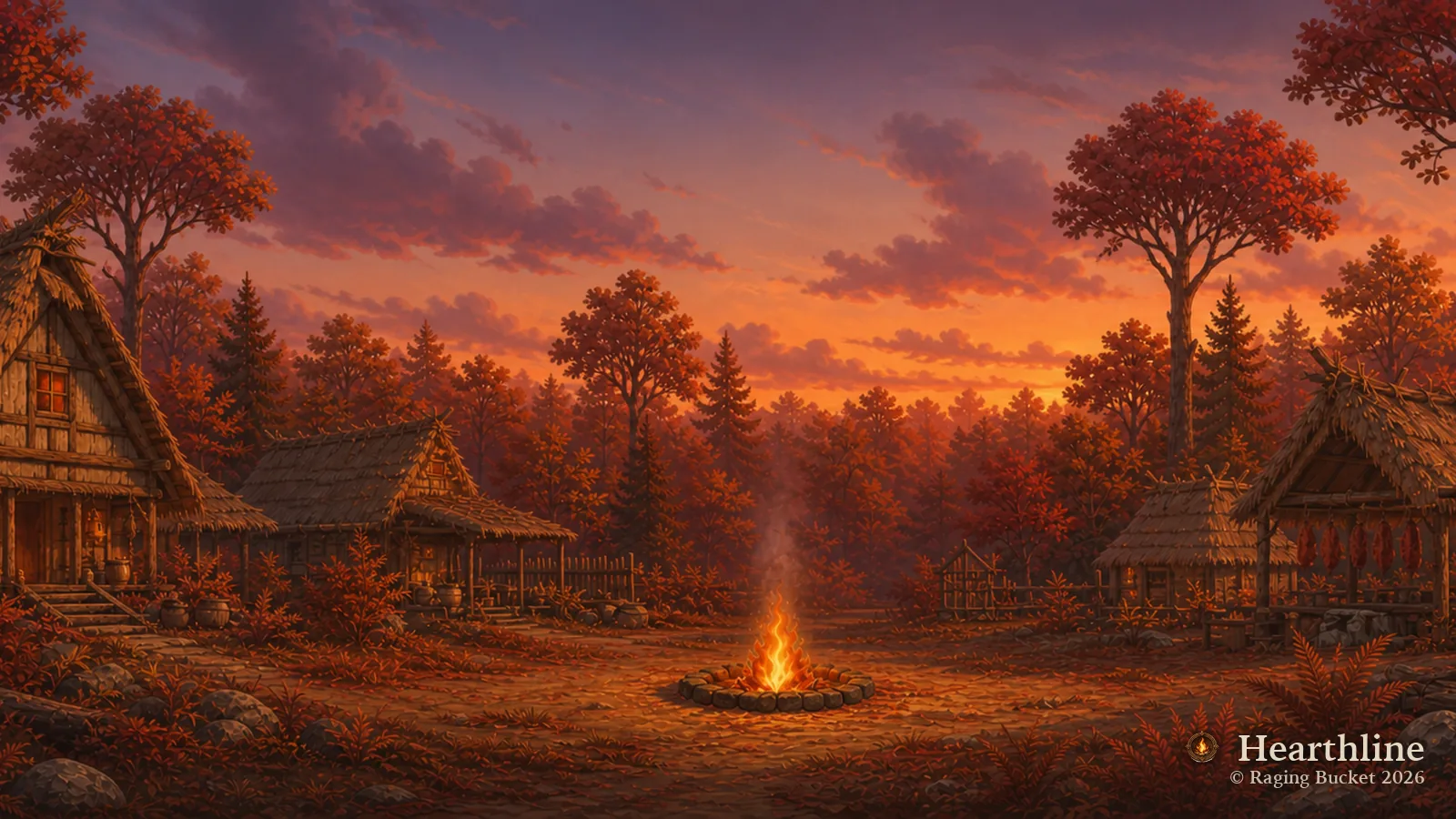 The Hearthline settlement — Autumn, dusk