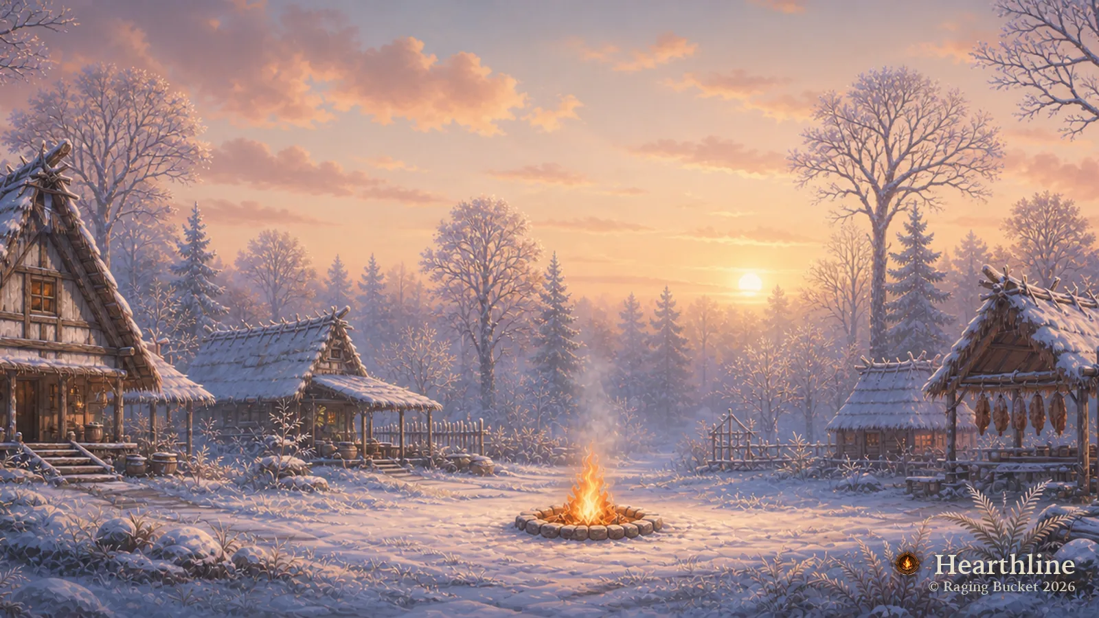 The Hearthline settlement — Winter, dawn
